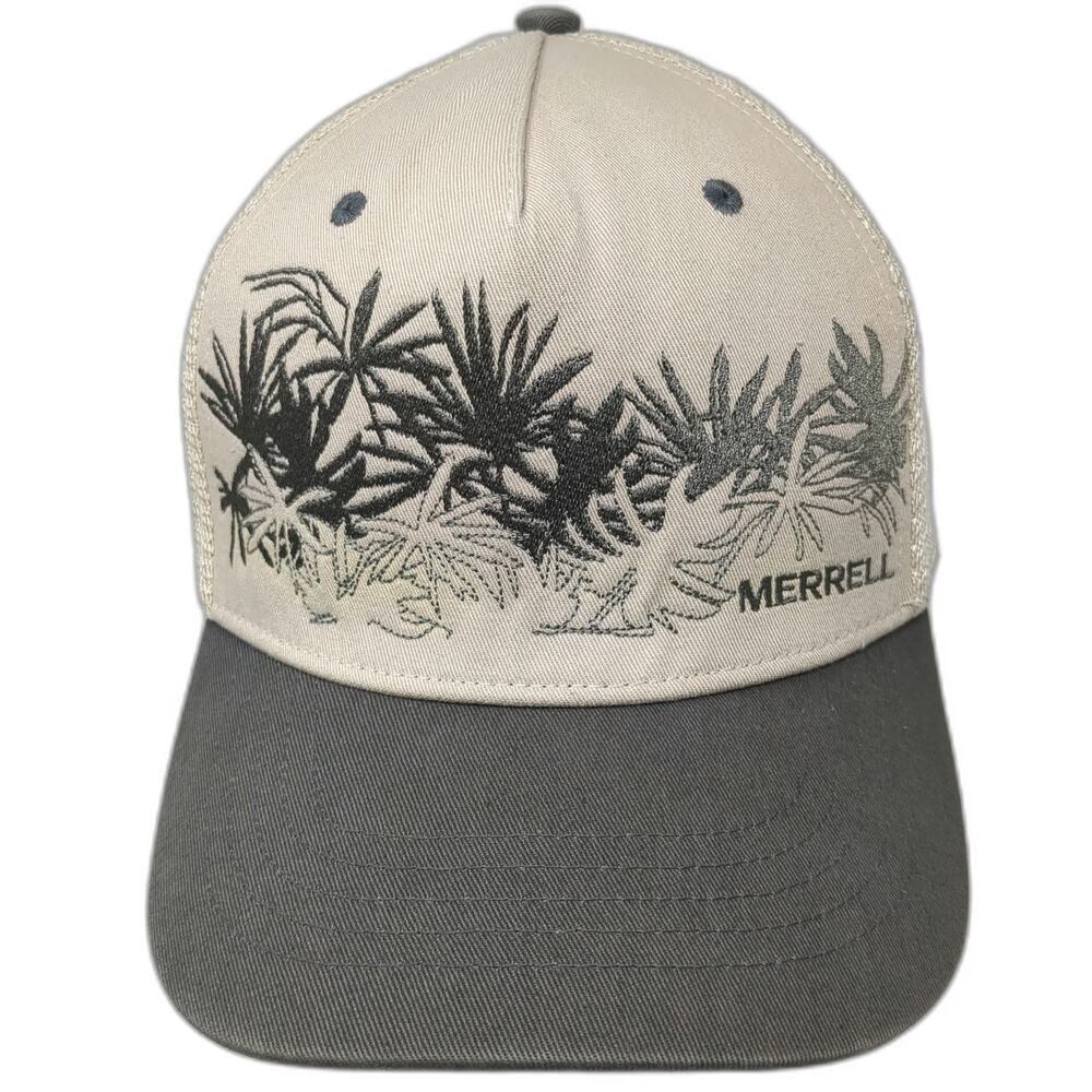 Merrell Trucker Hat Beige Gray One Size Mesh Back Embroidered Foliage Snapback